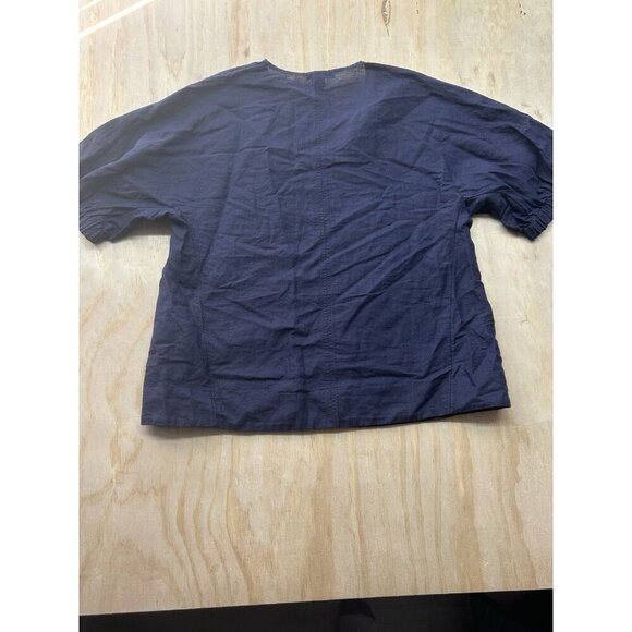 COS Sz 2 Navy Linen Shirt Top Puffy Sleeves V Neck Lightweight Blue - Picture 5 of 7